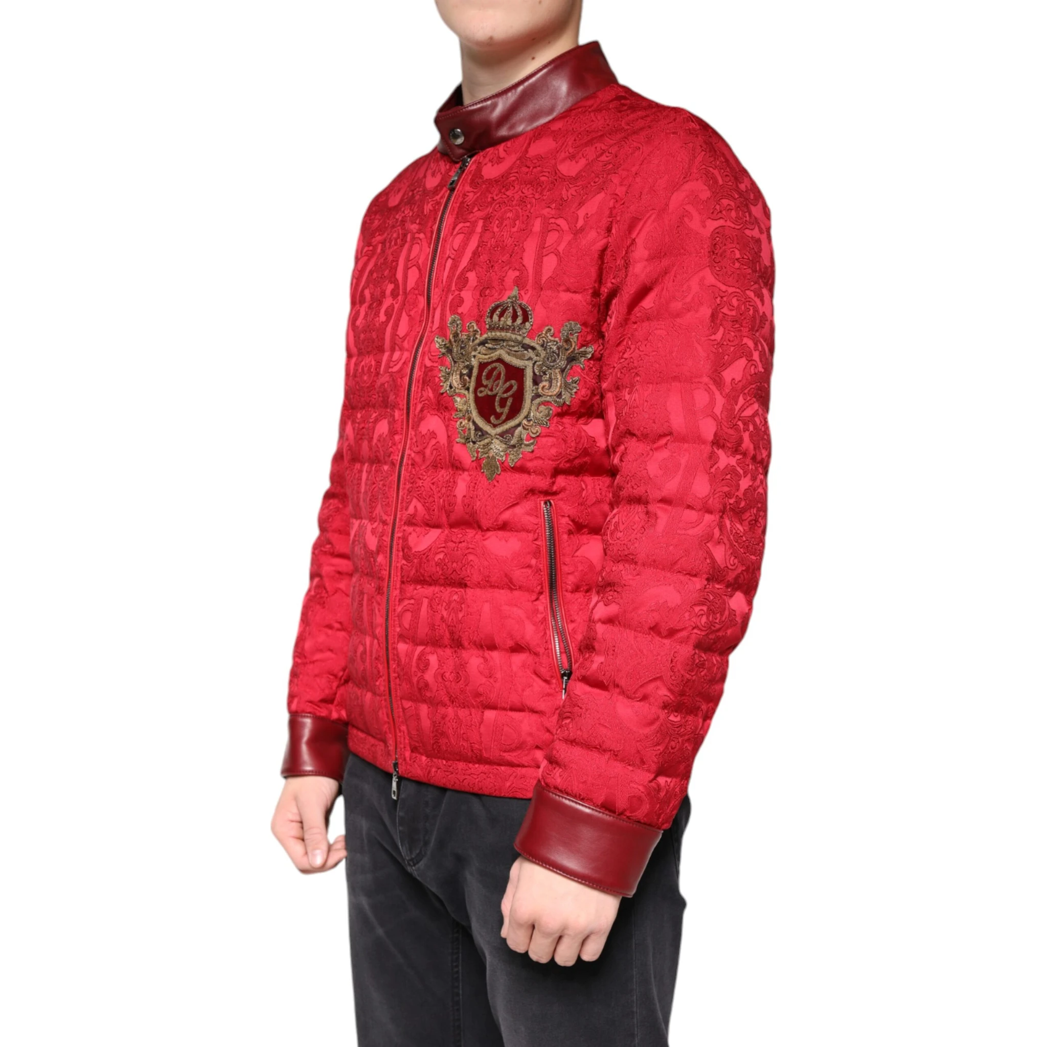 Red Quilted Bomber Gold Crown Logo Jacket
