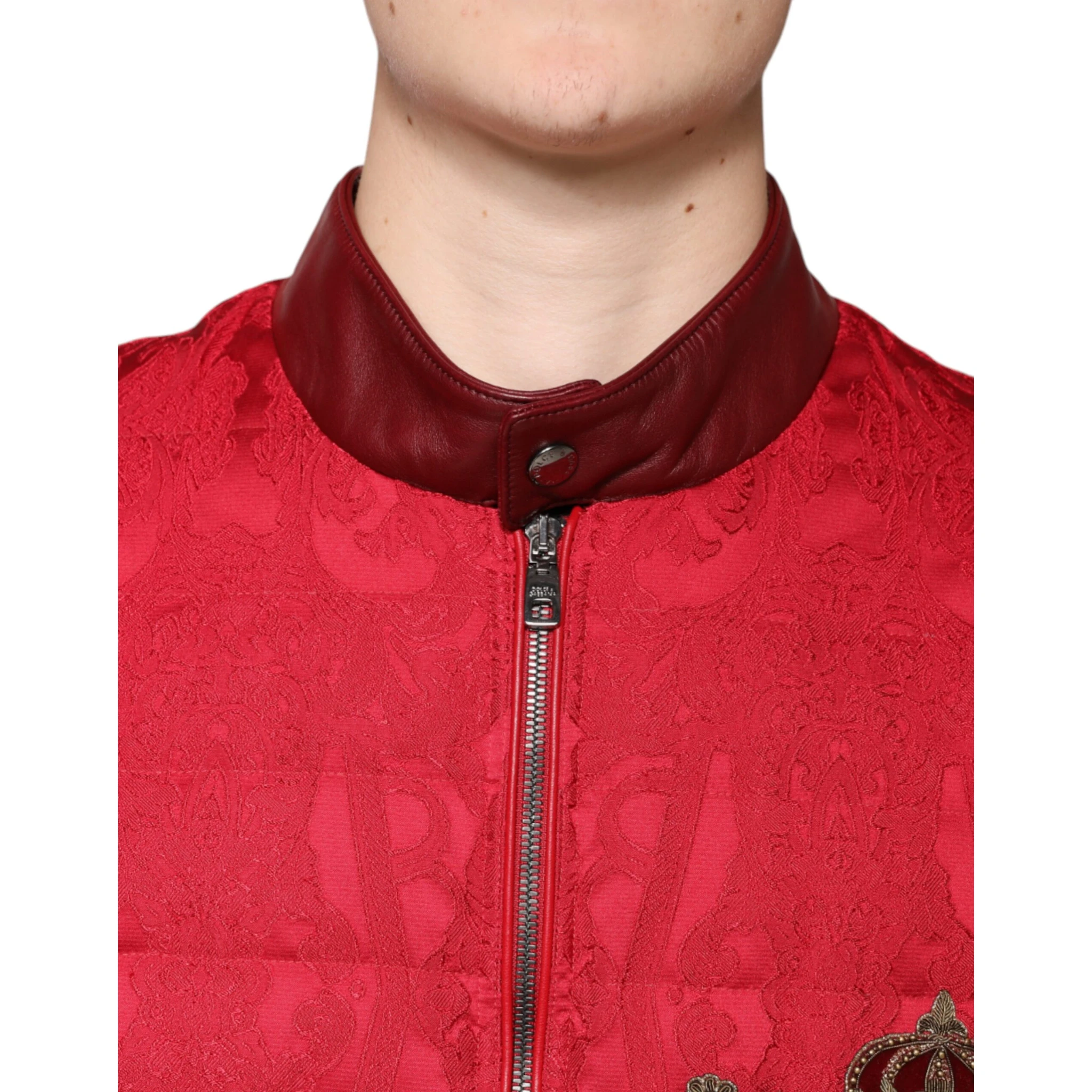 Red Quilted Bomber Gold Crown Logo Jacket