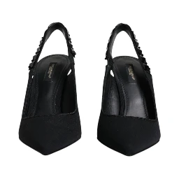 Black Embellished Charmeuse Slingback Shoes
