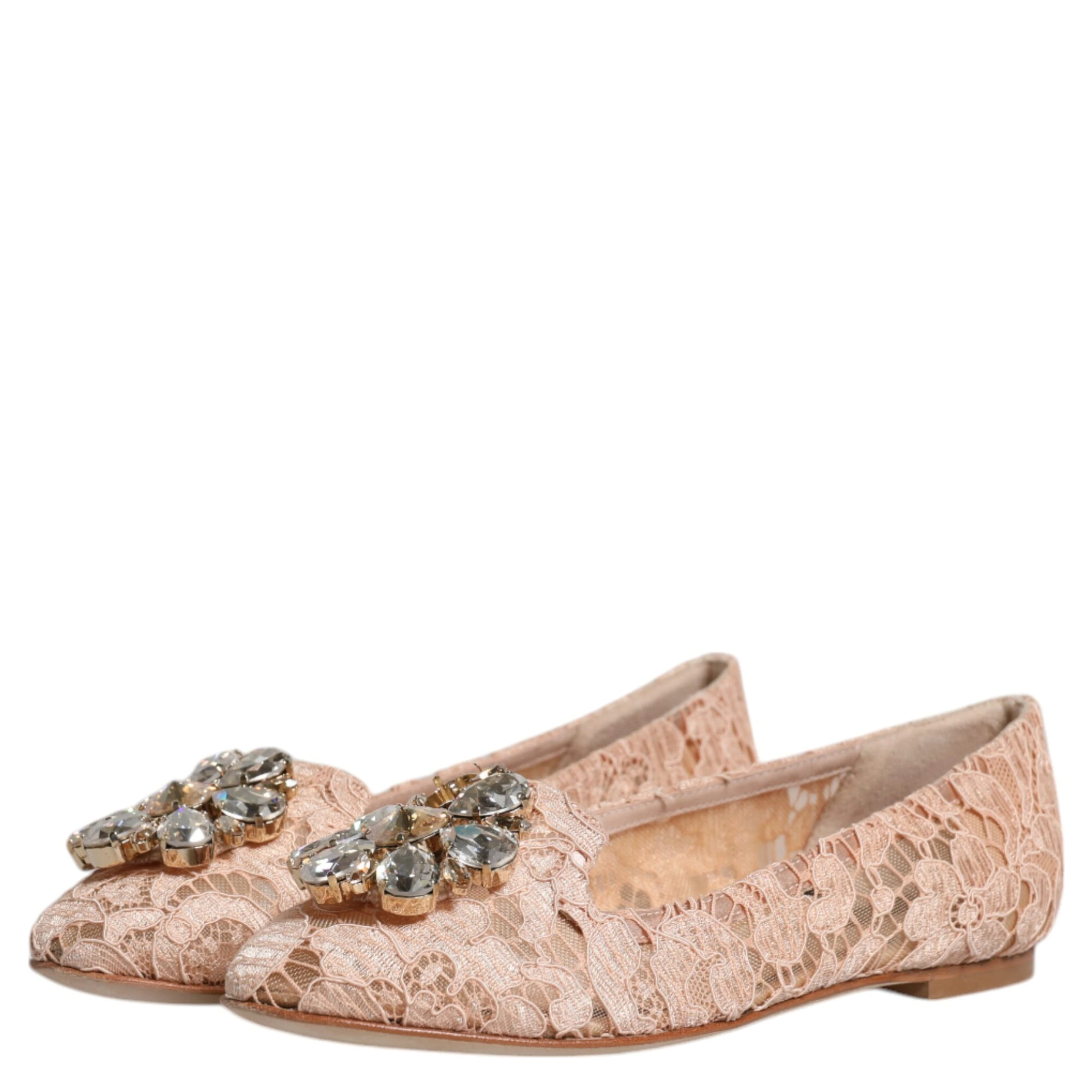 Beige Lace Crystal Ballet Flats Loafers Shoes