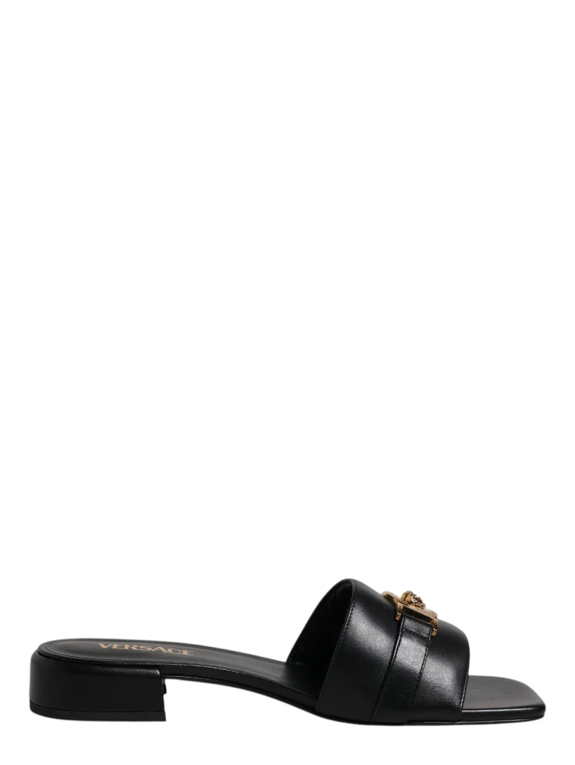 Black Leather Logo Plaque Slip On Slides Flats Shoes