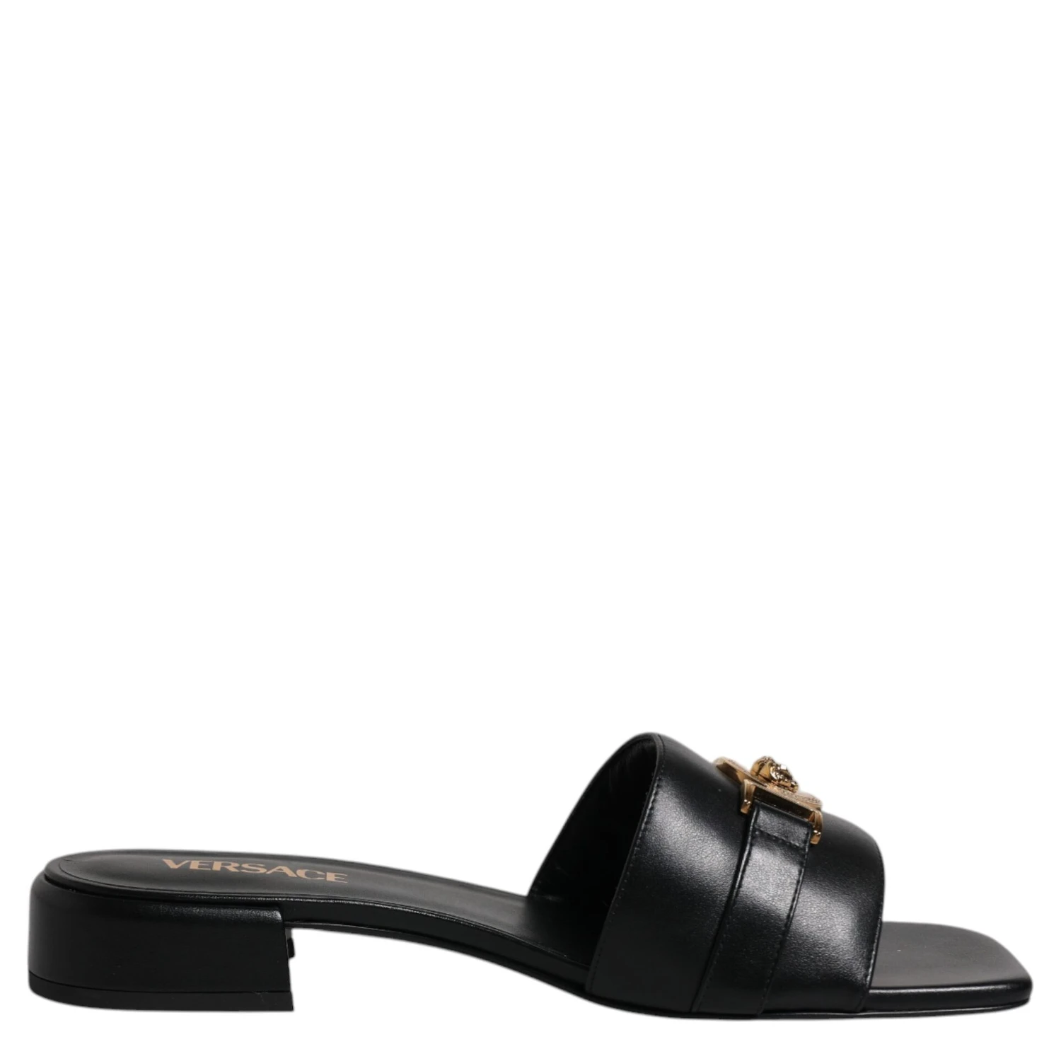 Black Leather Logo Plaque Slip On Slides Flats Shoes