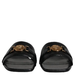 Black Leather Logo Plaque Slip On Slides Flats Shoes