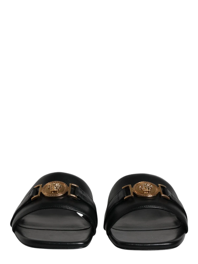 Black Leather Logo Plaque Slip On Slides Flats Shoes alternative