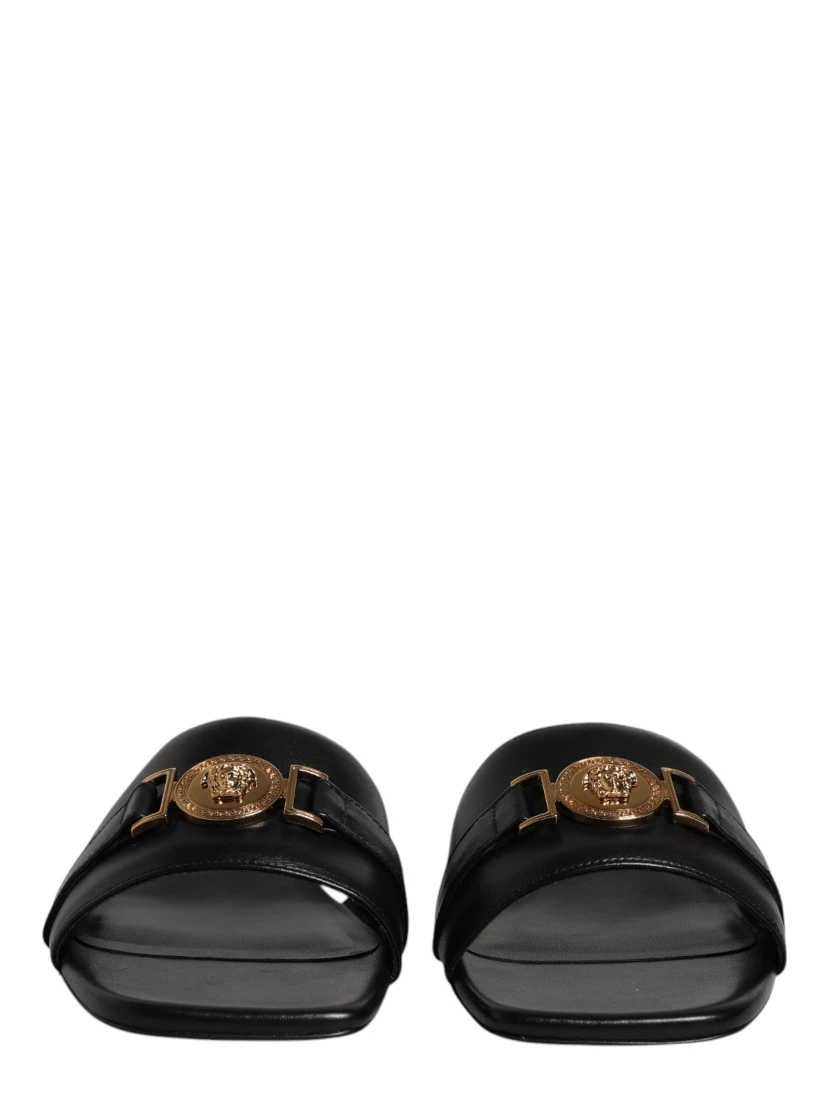 Black Leather Logo Plaque Slip On Slides Flats Shoes