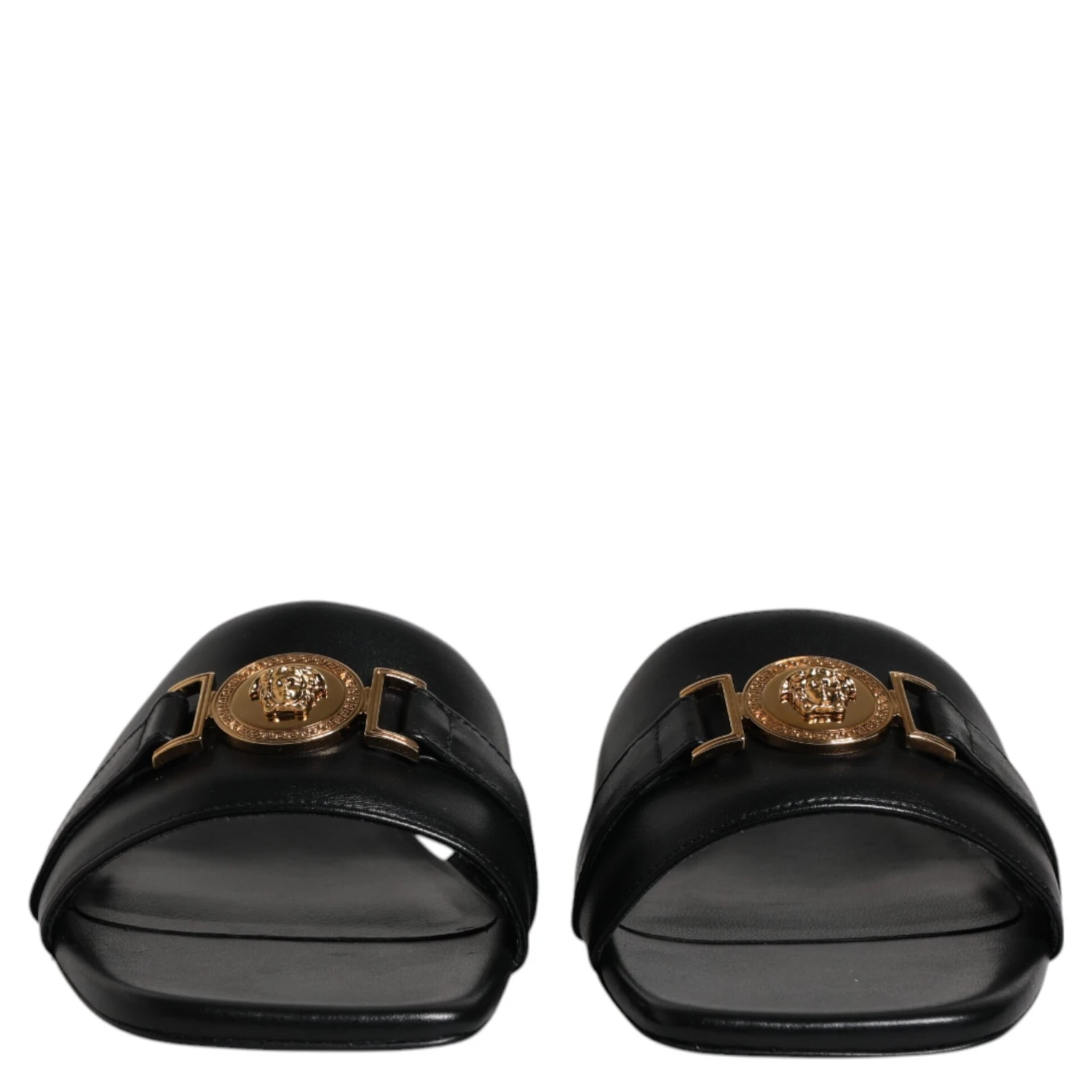 Black Leather Logo Plaque Slip On Slides Flats Shoes