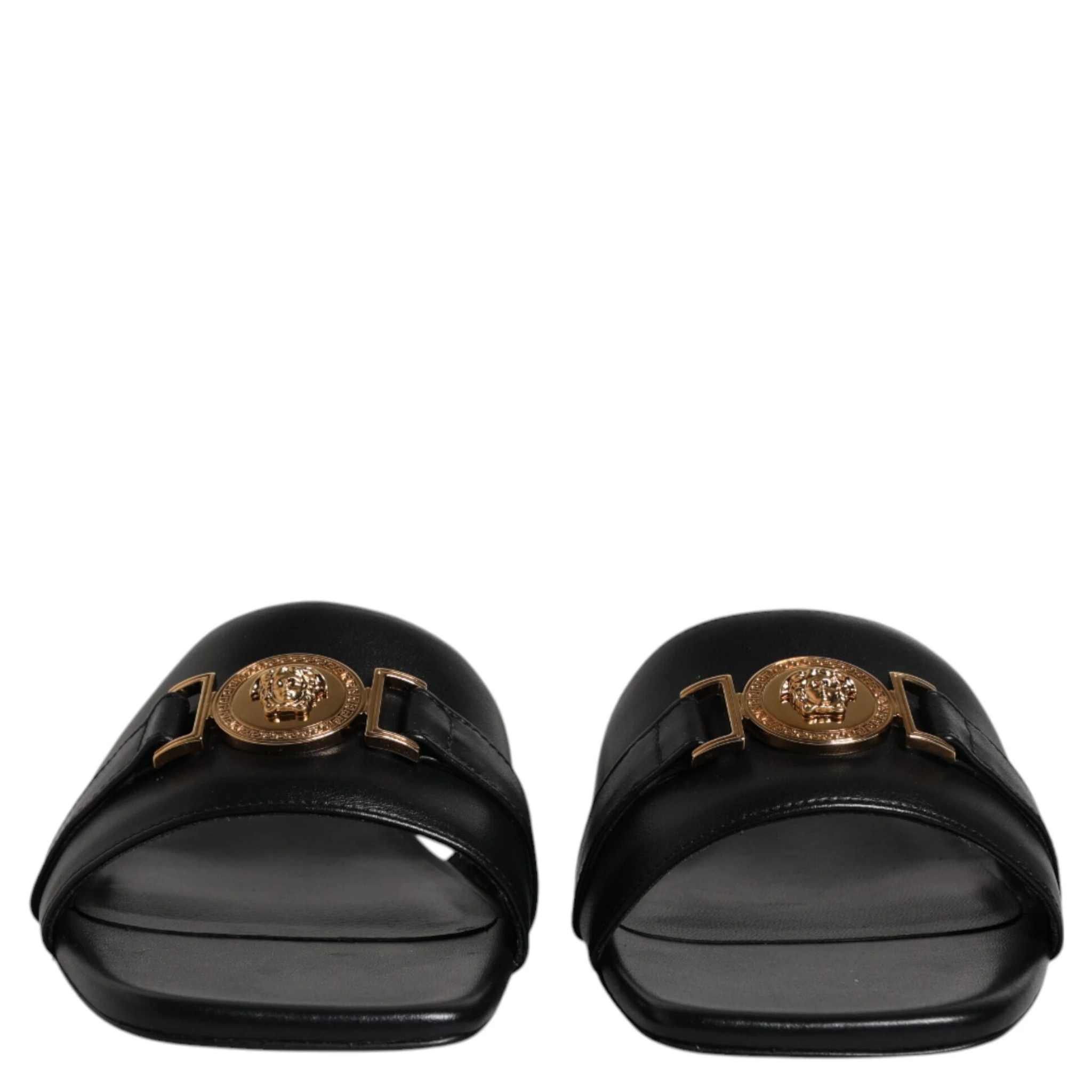 Black Leather Logo Plaque Slip On Slides Flats Shoes