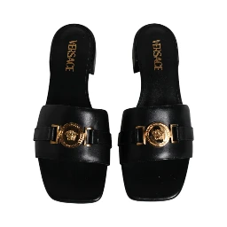 Black Leather Logo Plaque Slip On Slides Flats Shoes
