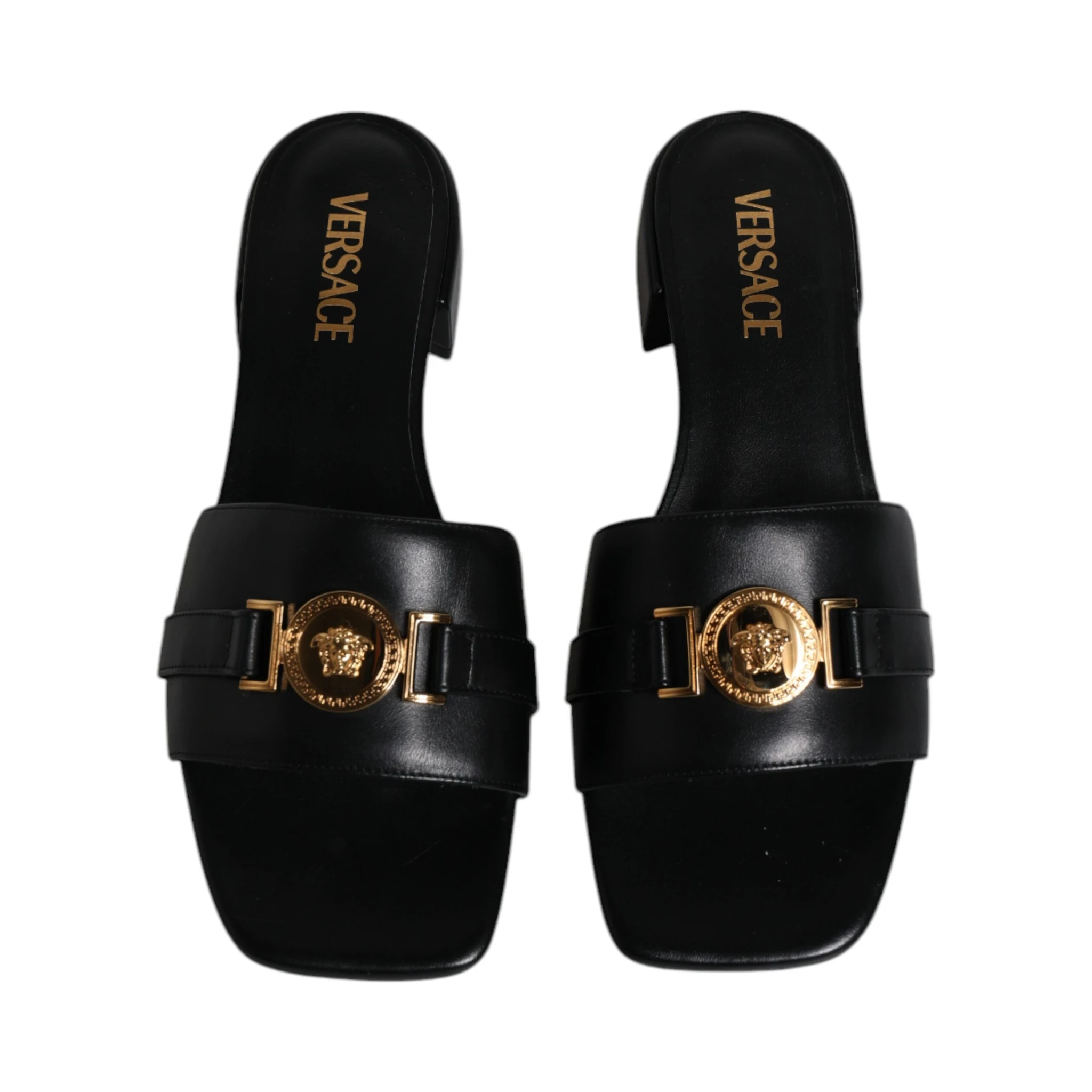 Black Leather Logo Plaque Slip On Slides Flats Shoes