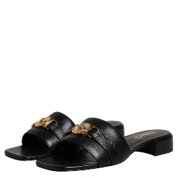 Black Leather Logo Plaque Slip On Slides Flats Shoes