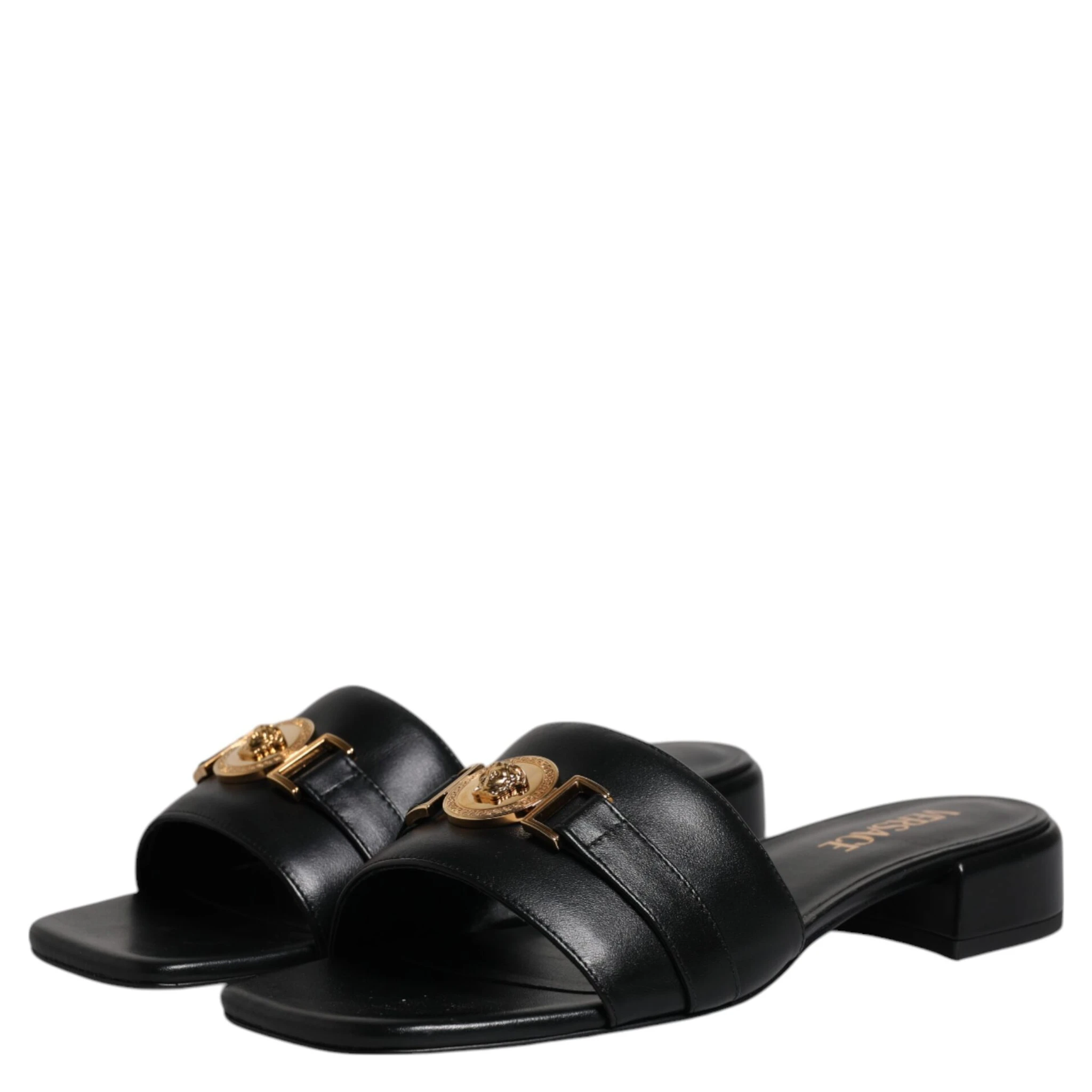 Black Leather Logo Plaque Slip On Slides Flats Shoes