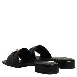 Black Leather Logo Plaque Slip On Slides Flats Shoes
