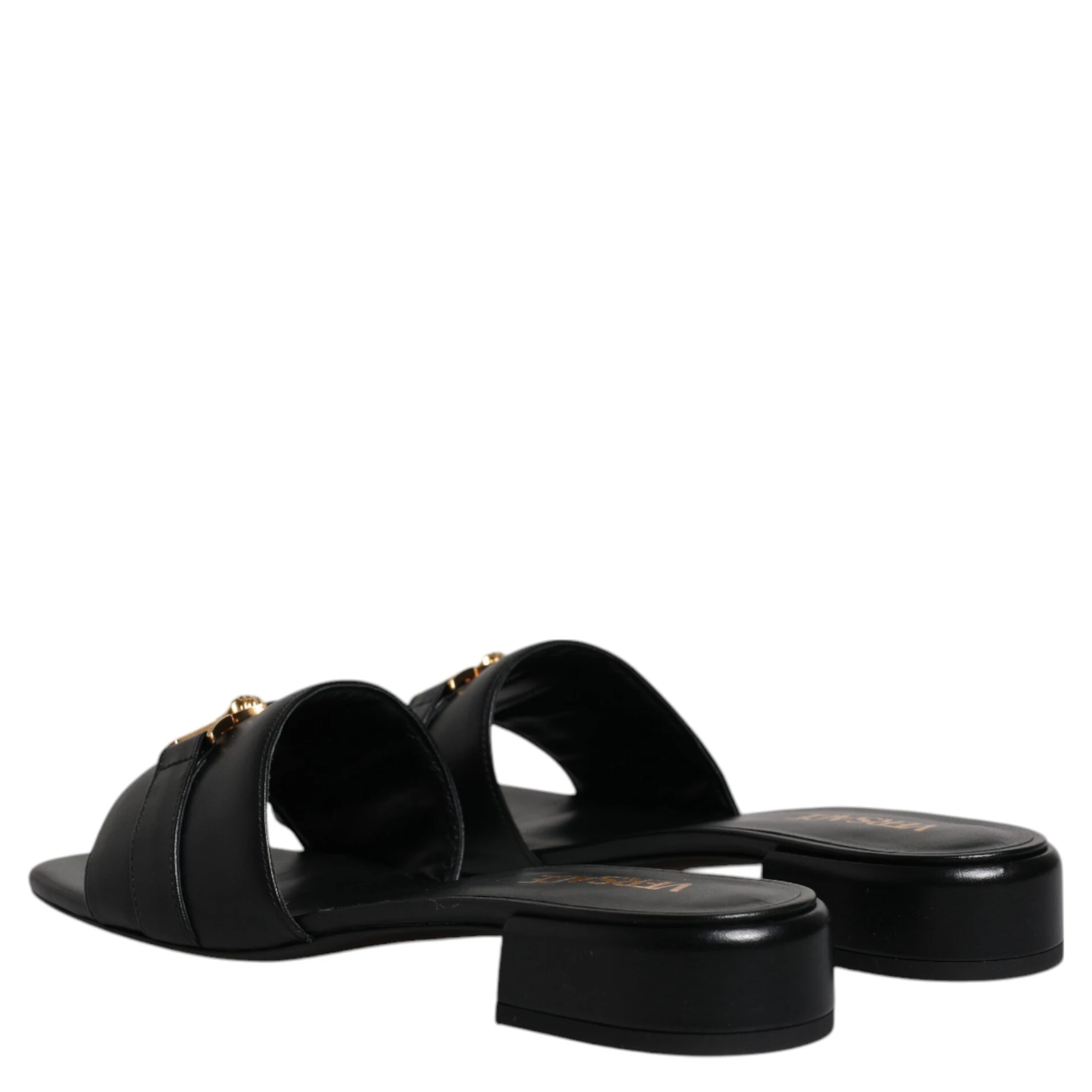 Black Leather Logo Plaque Slip On Slides Flats Shoes