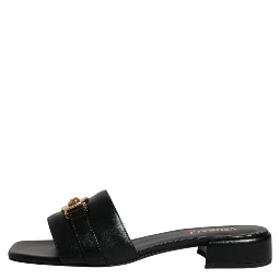 Black Leather Logo Plaque Slip On Slides Flats Shoes