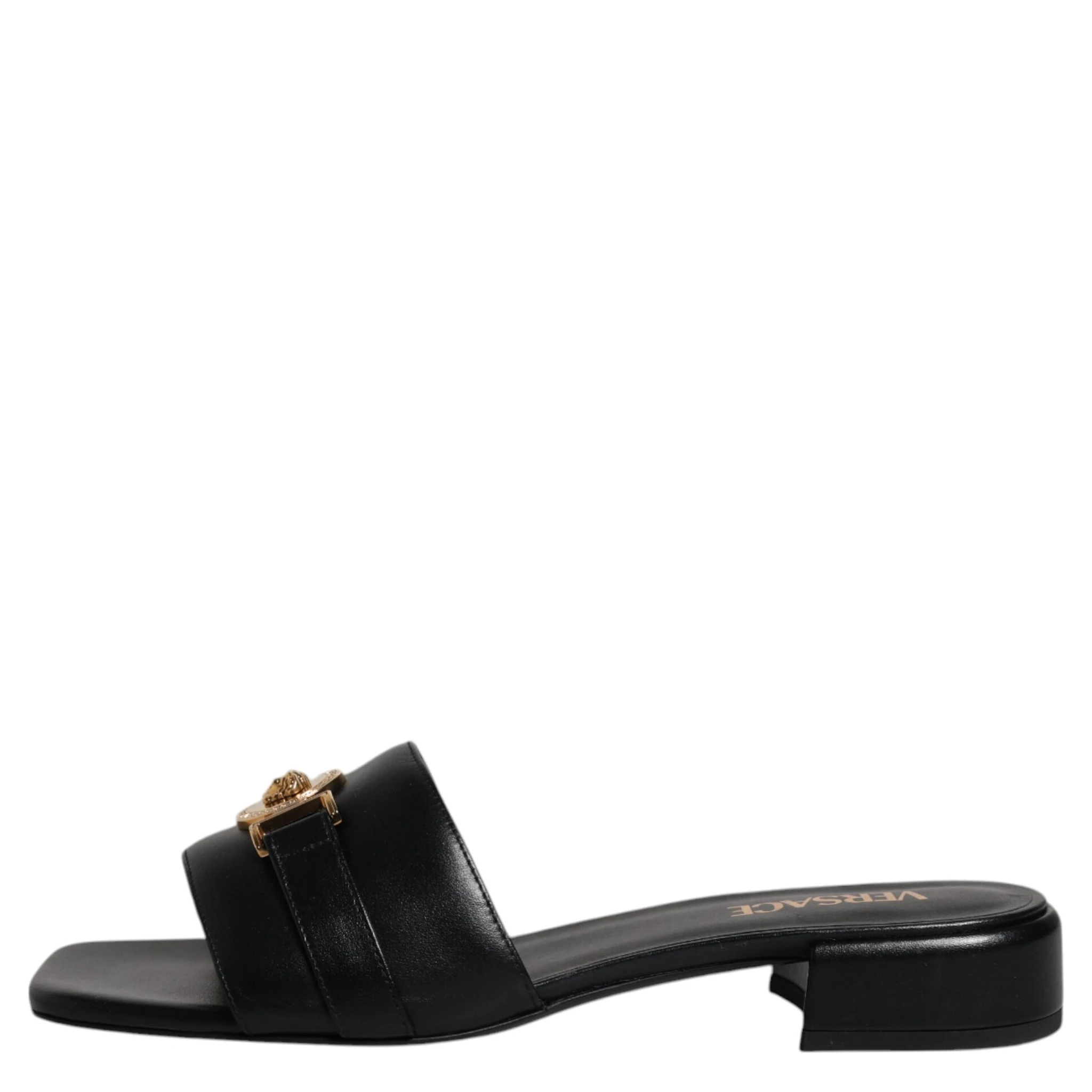 Black Leather Logo Plaque Slip On Slides Flats Shoes
