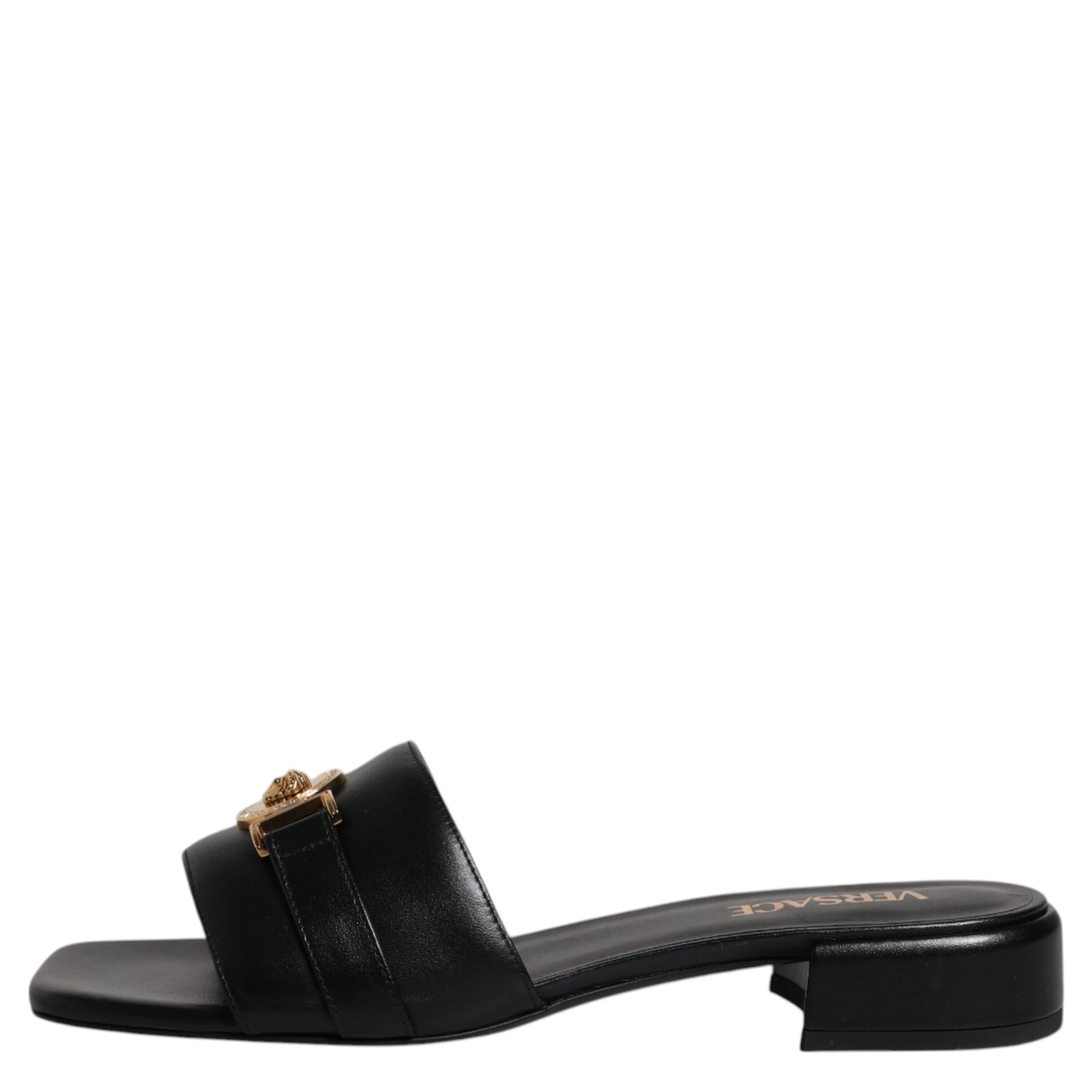Black Leather Logo Plaque Slip On Slides Flats Shoes