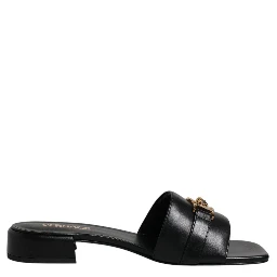 Black Leather Logo Plaque Slip On Slides Flats Shoes