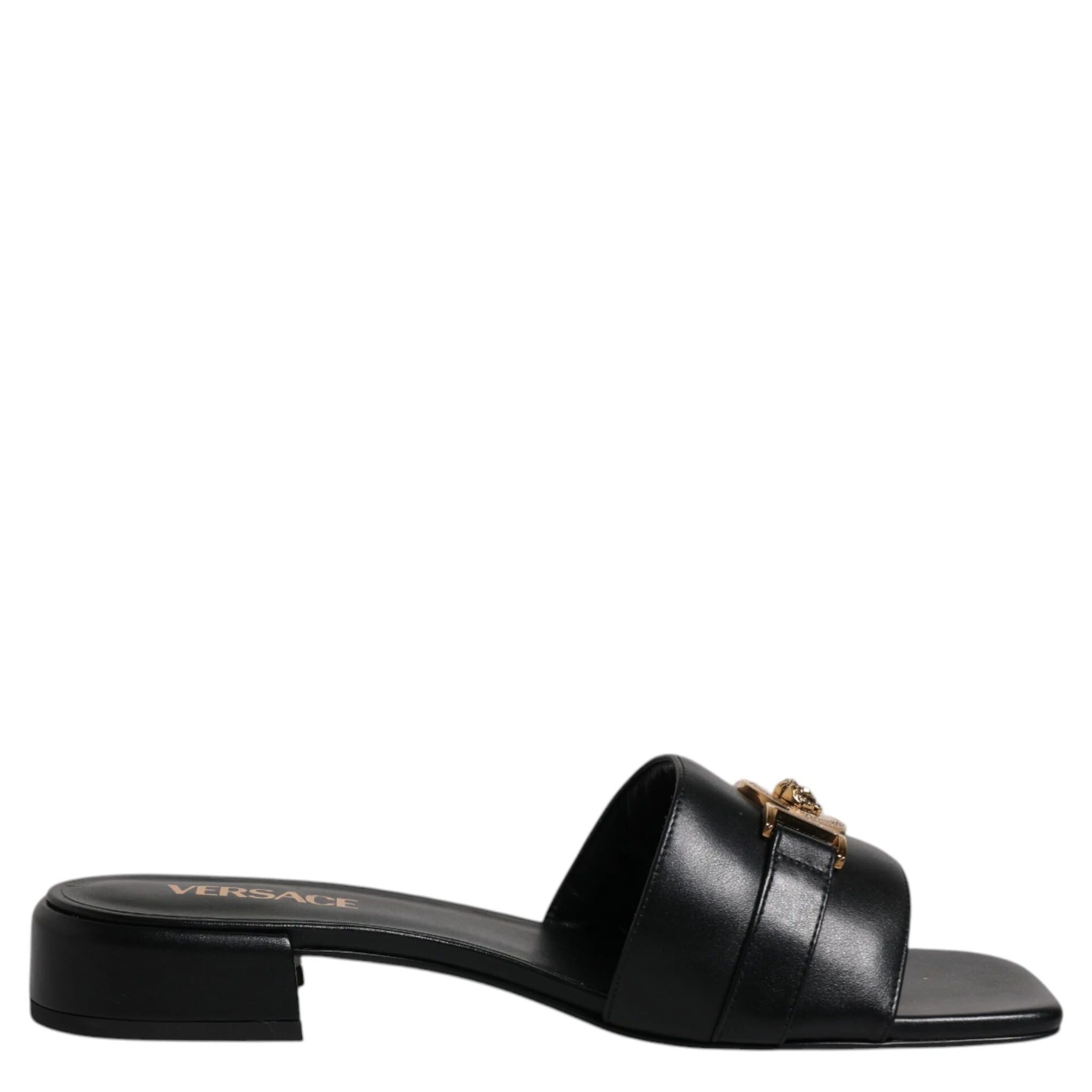 Black Leather Logo Plaque Slip On Slides Flats Shoes