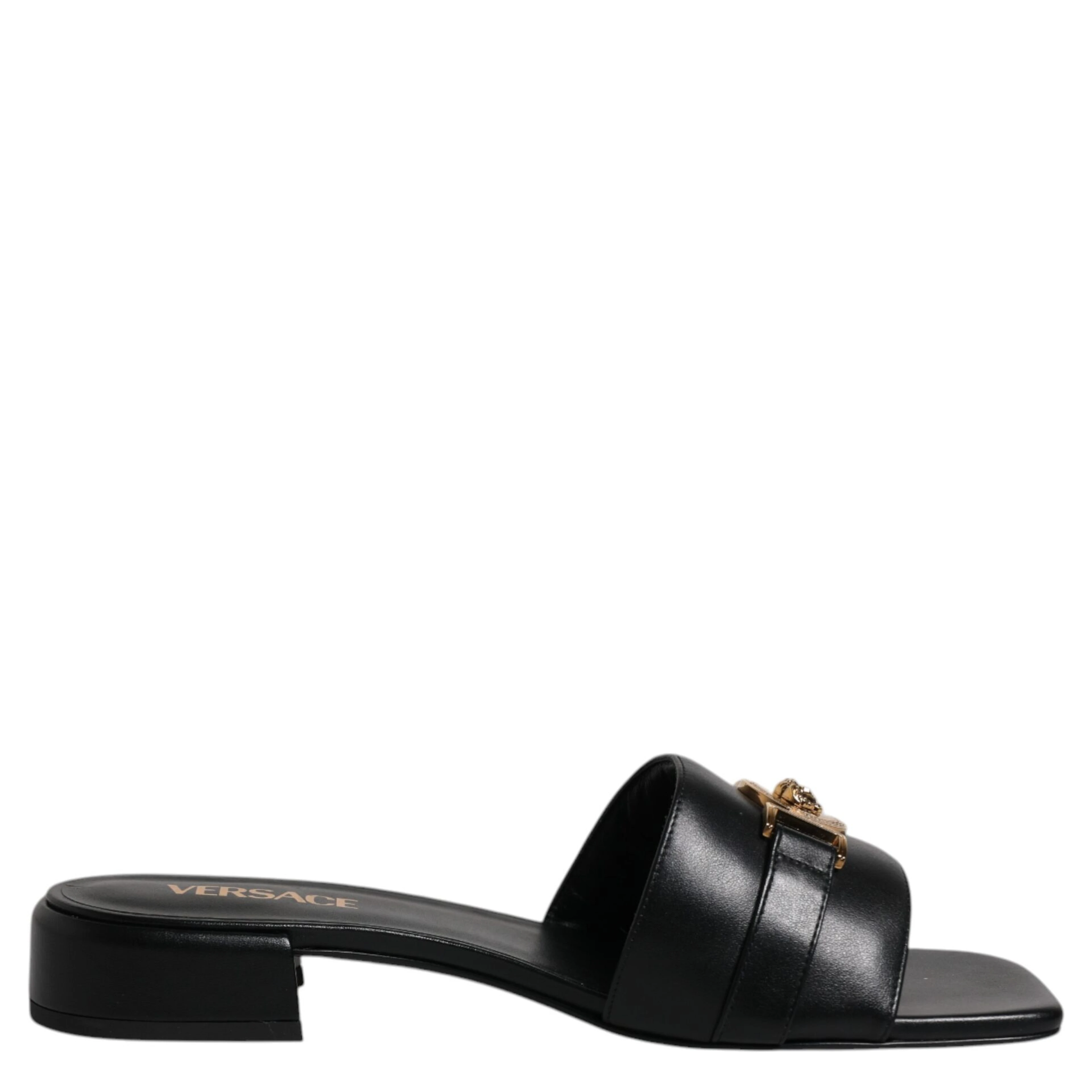Black Leather Logo Plaque Slip On Slides Flats Shoes