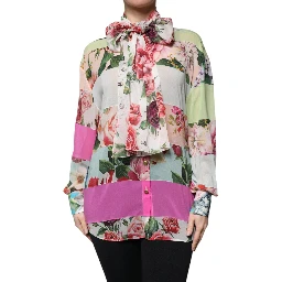 Multicolor Floral Patchwork Ascot Collar Top