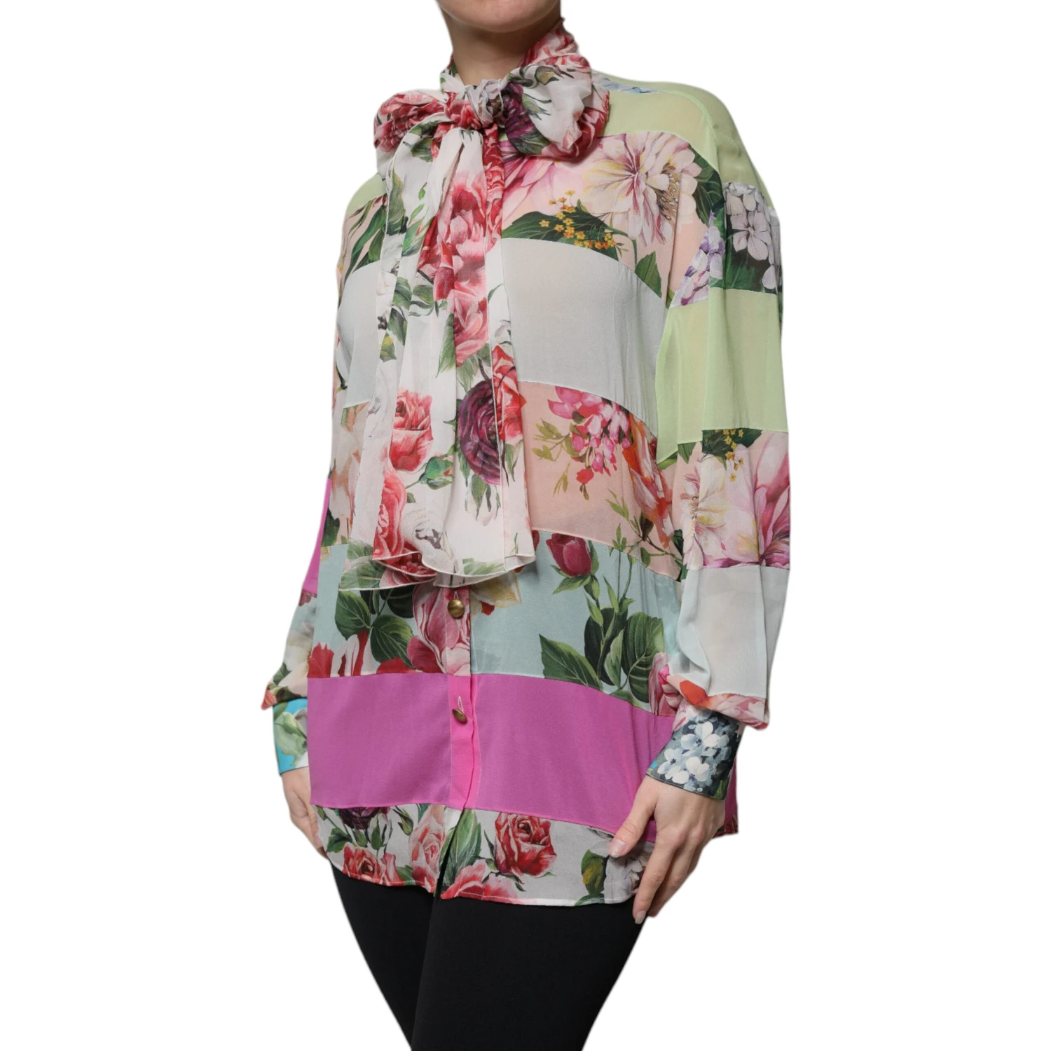 Multicolor Floral Patchwork Ascot Collar Top