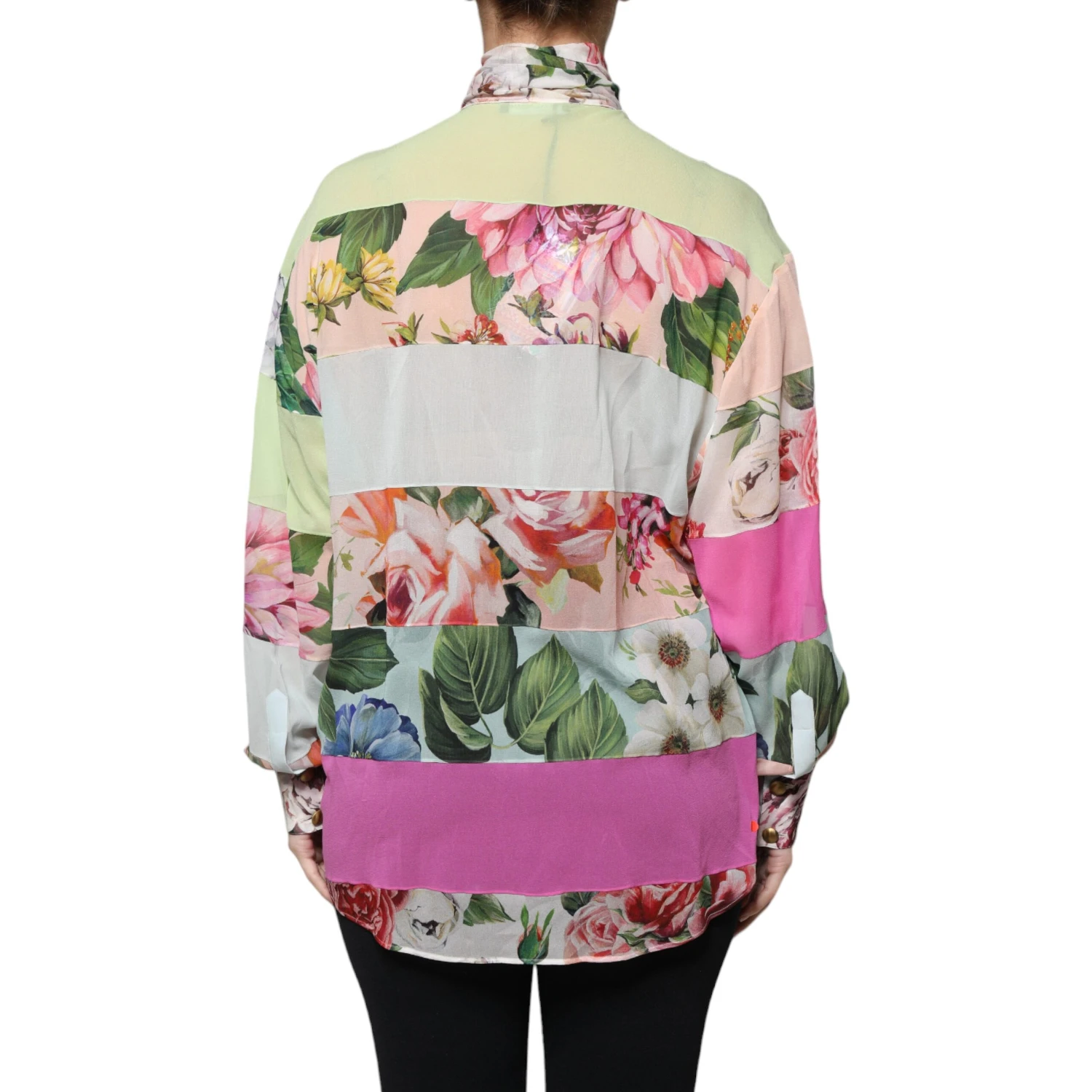 Multicolor Floral Patchwork Ascot Collar Top