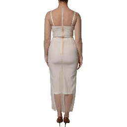 White Sheer Tulle Bustier Bodycon Midi Dress
