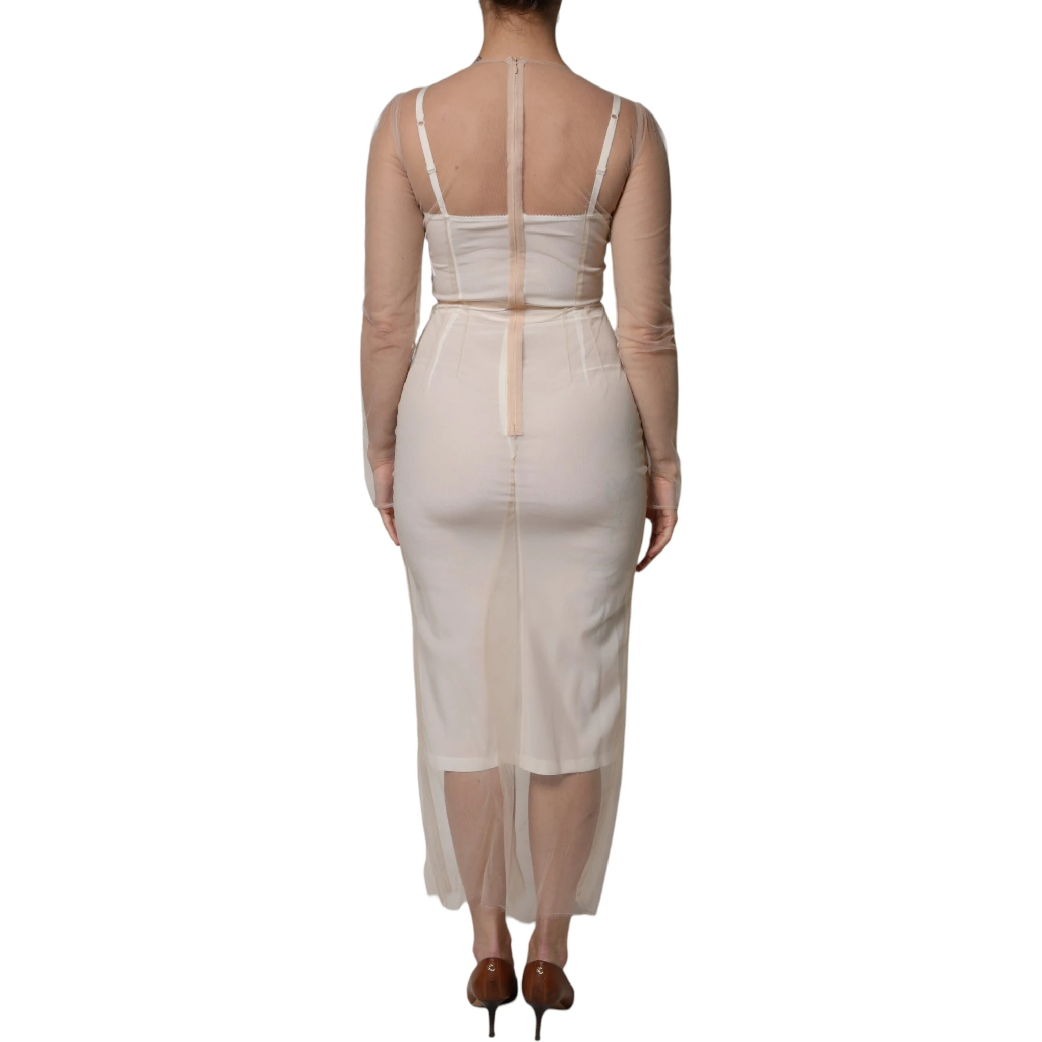 White Sheer Tulle Bustier Bodycon Midi Dress