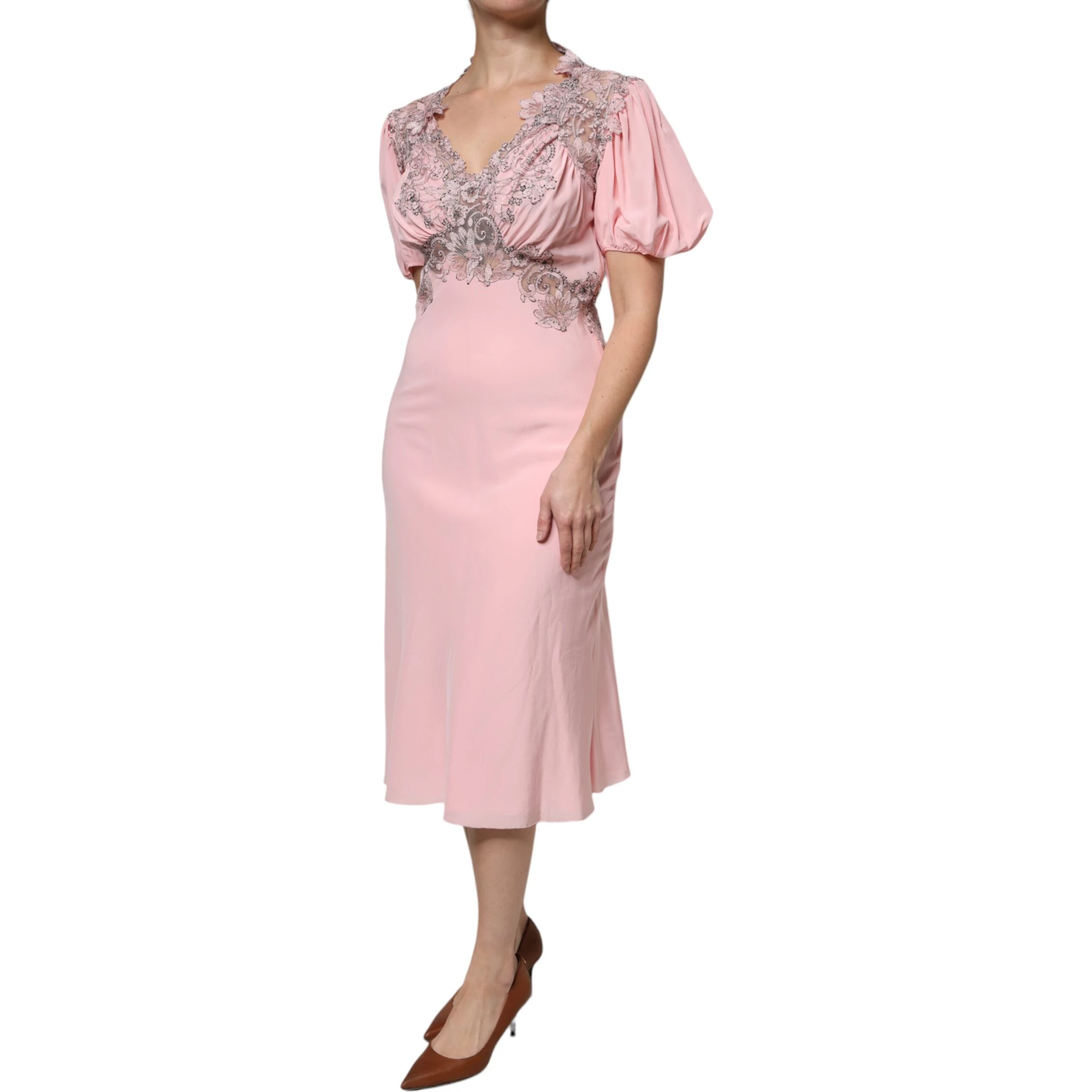 Pink Floral Lace Short Sleeves V-neck Midi Dress