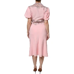 Pink Floral Lace Short Sleeves V-neck Midi Dress