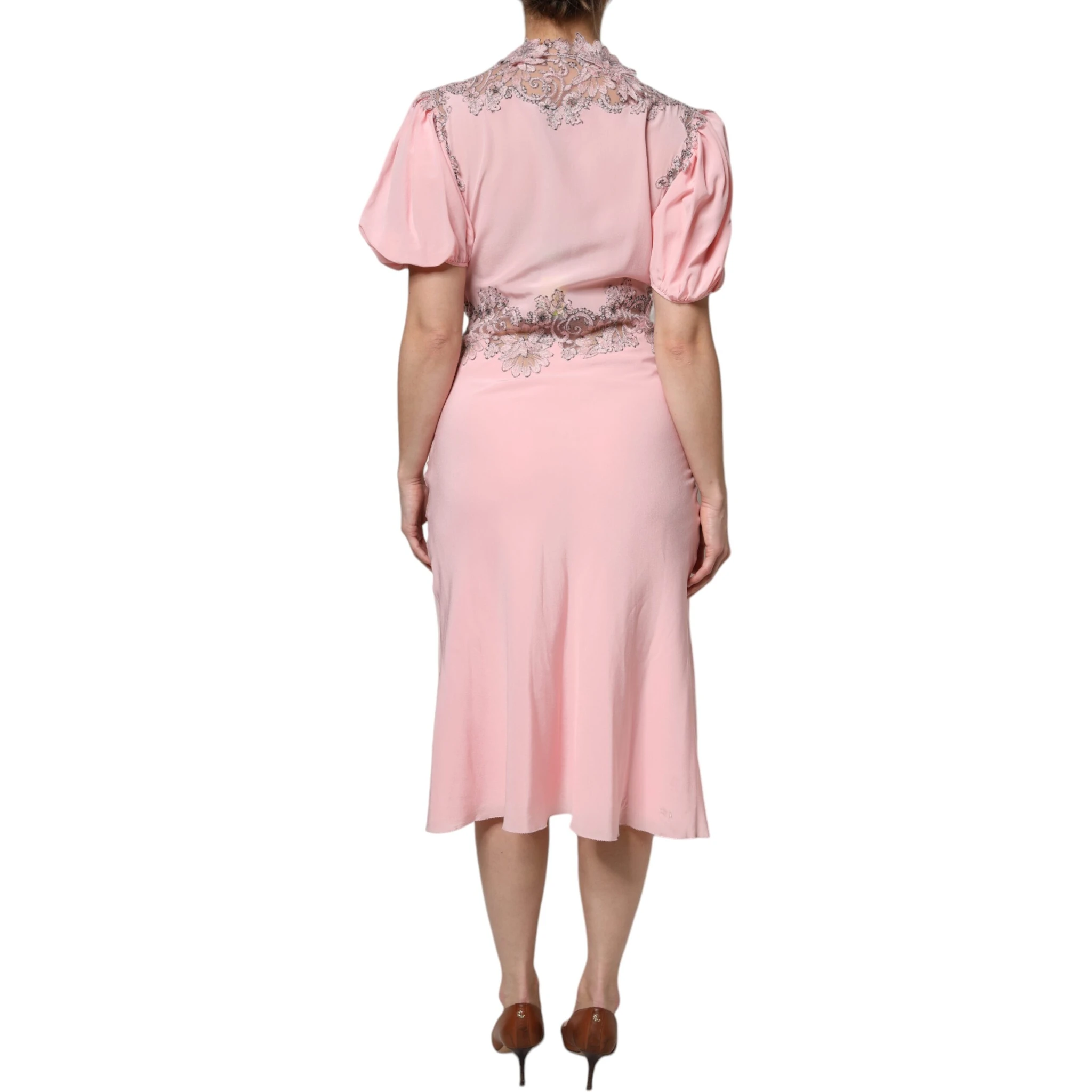 Pink Floral Lace Short Sleeves V-neck Midi Dress