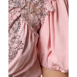 Pink Floral Lace Short Sleeves V-neck Midi Dress