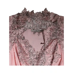 Pink Floral Lace Short Sleeves V-neck Midi Dress