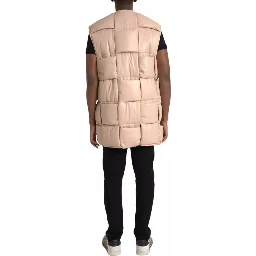 Beige Quilted Sleeveless Calf Leather Jacket