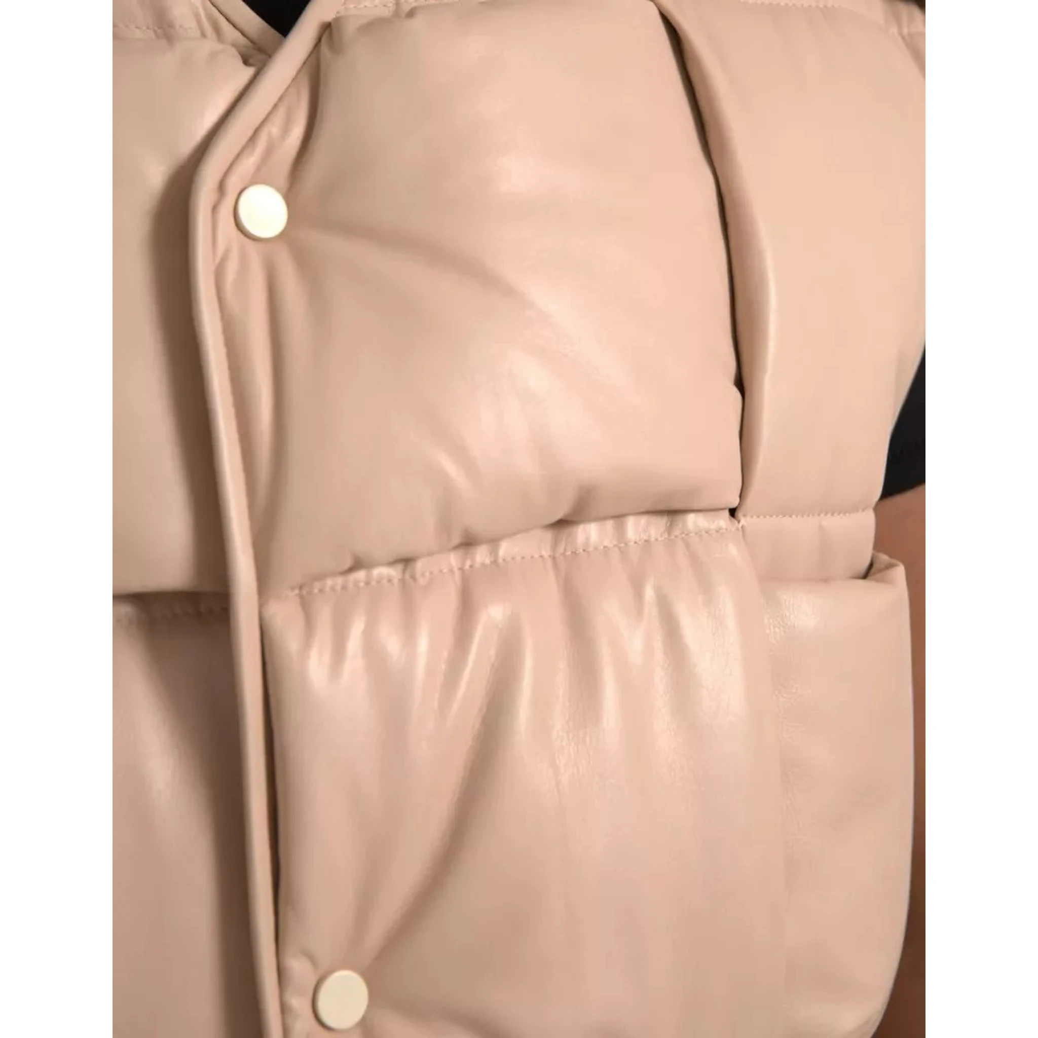 Beige Quilted Sleeveless Calf Leather Jacket