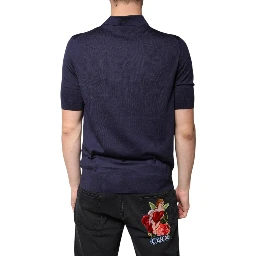 Blue Silk Collared Short Sleeves Polo T-shirt