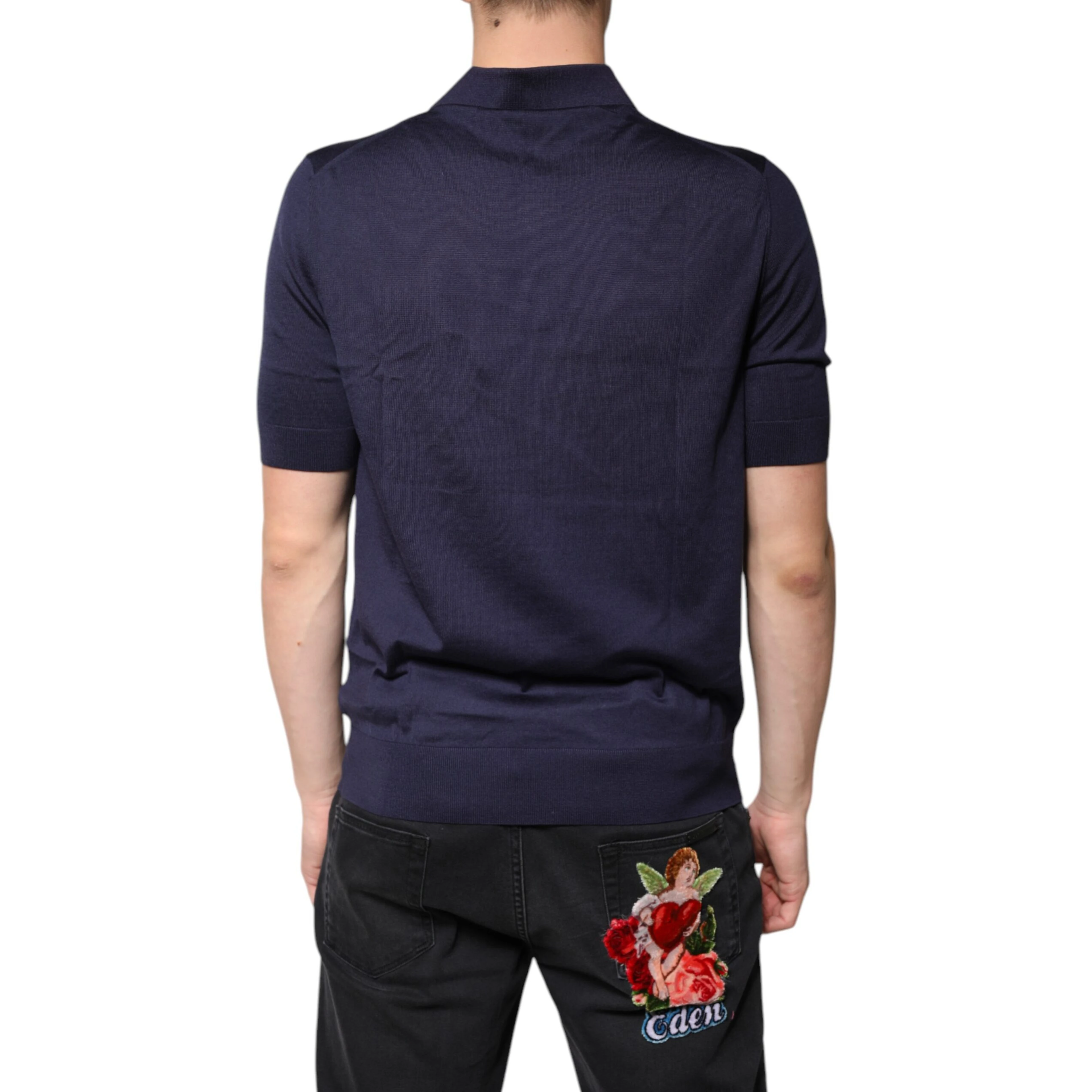 Blue Silk Collared Short Sleeves Polo T-shirt