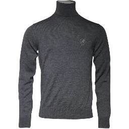 Gray Wool Logo Turtleneck Pullover Sweater