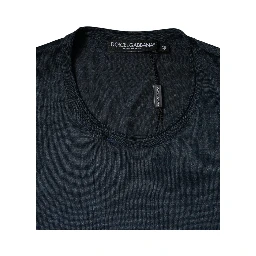 Dark Blue Silk Crew Neck Short Sleeve T-shirt