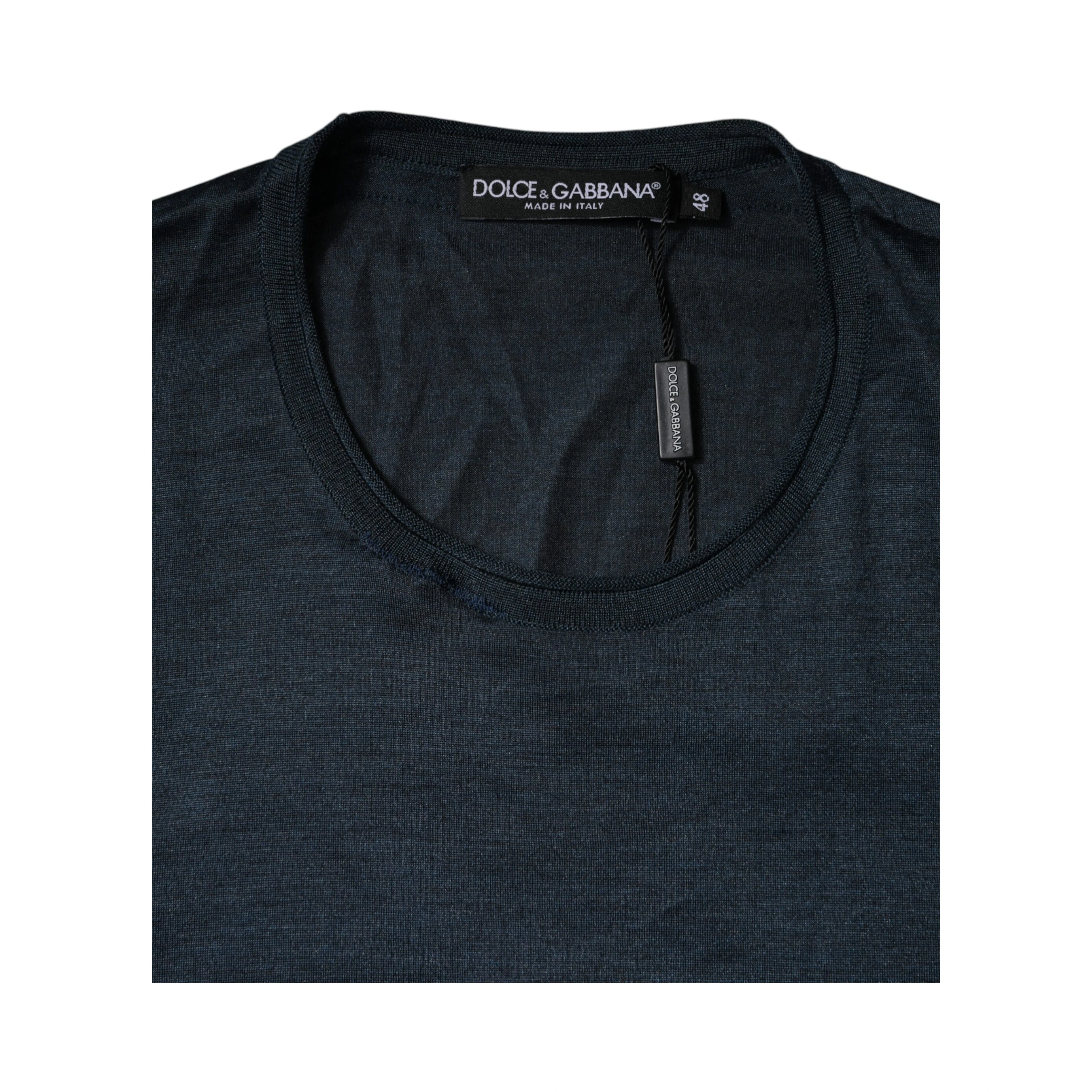 Dark Blue Silk Crew Neck Short Sleeve T-shirt