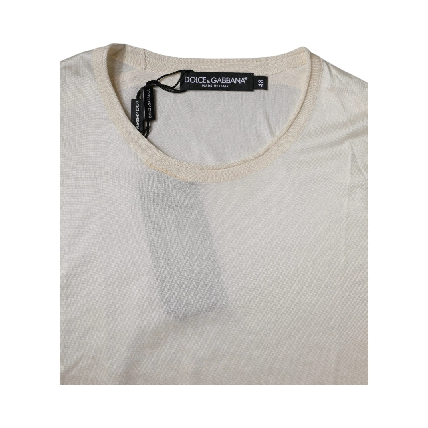 Off White Silk Crew Neck Short Sleeve T-shirt