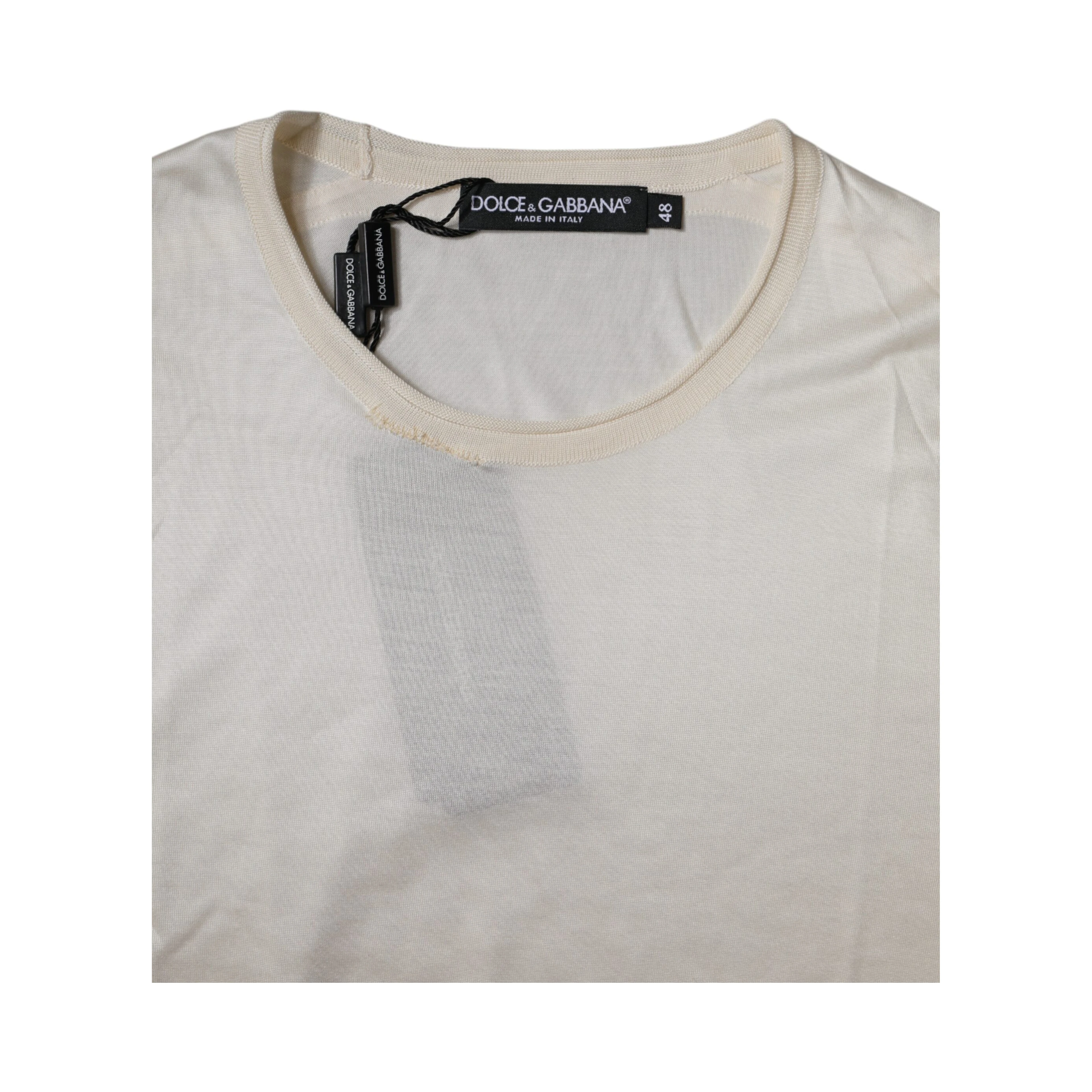Off White Silk Crew Neck Short Sleeve T-shirt