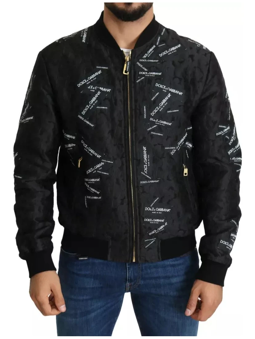 Black Logo Patch Brocade Bomber Full Zip Jacket