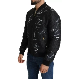 Black Logo Patch Brocade Bomber Full Zip Jacket