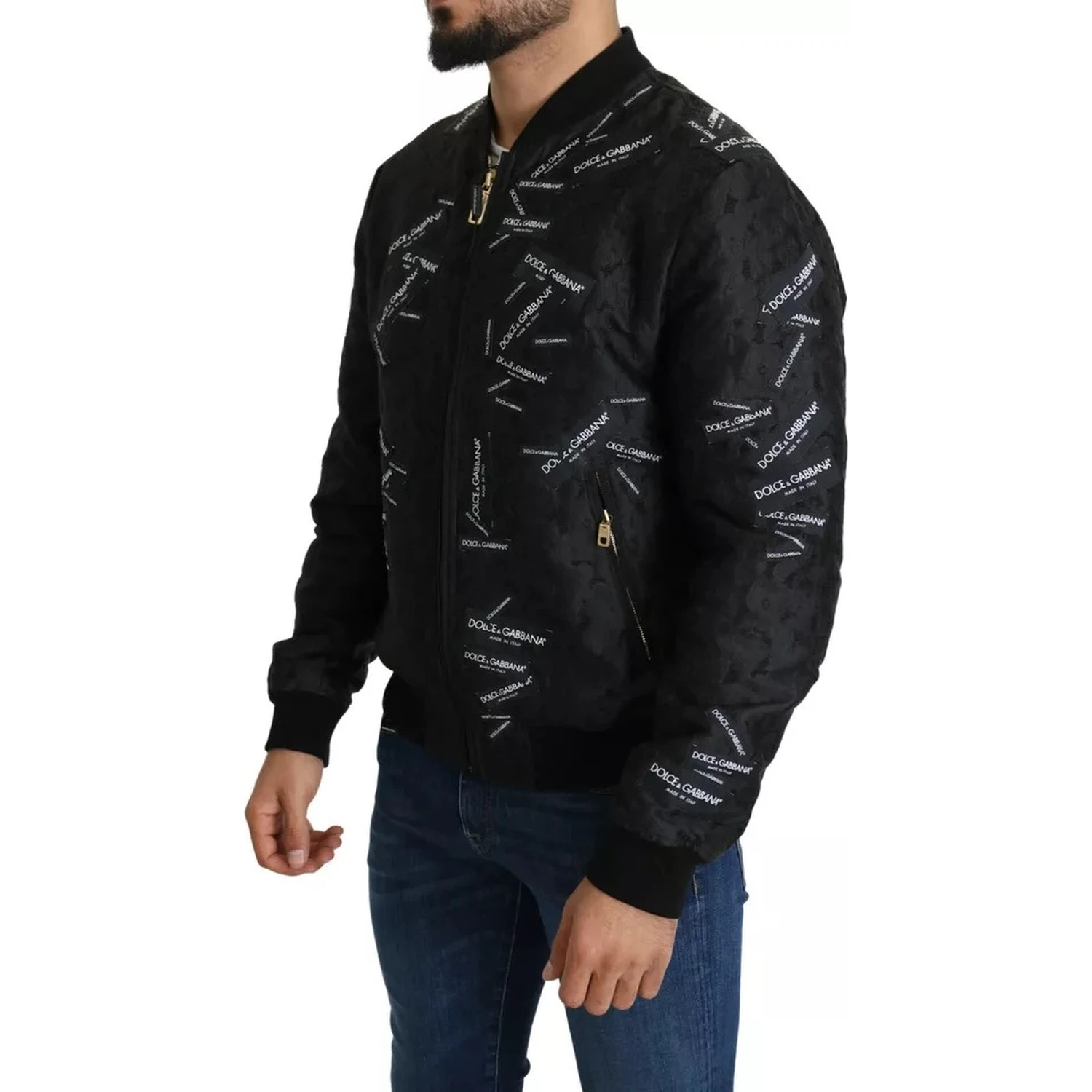 Black Logo Patch Brocade Bomber Full Zip Jacket