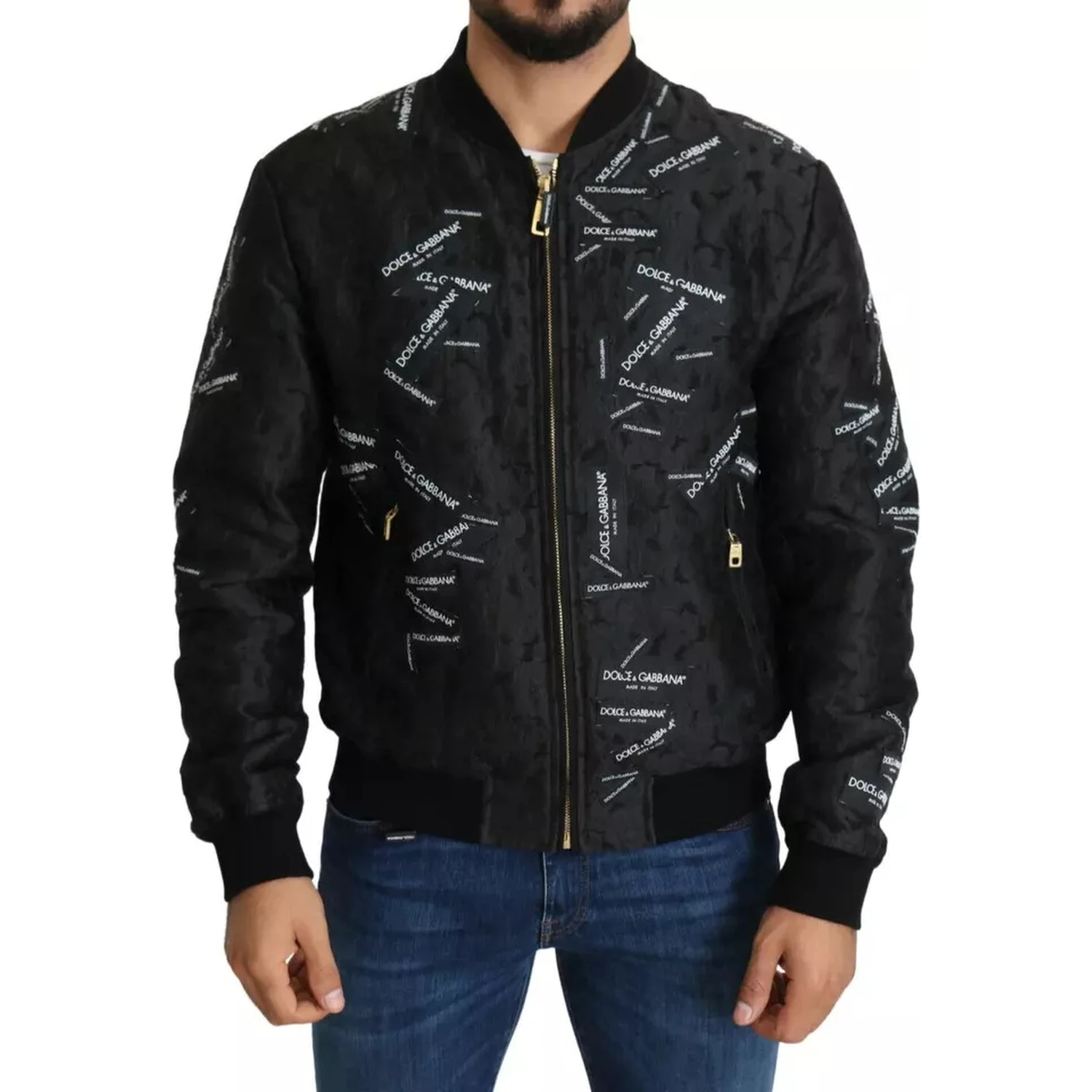 Black Logo Patch Brocade Bomber Full Zip Jacket