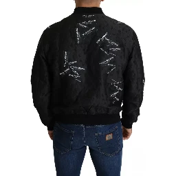 Black Logo Patch Brocade Bomber Full Zip Jacket