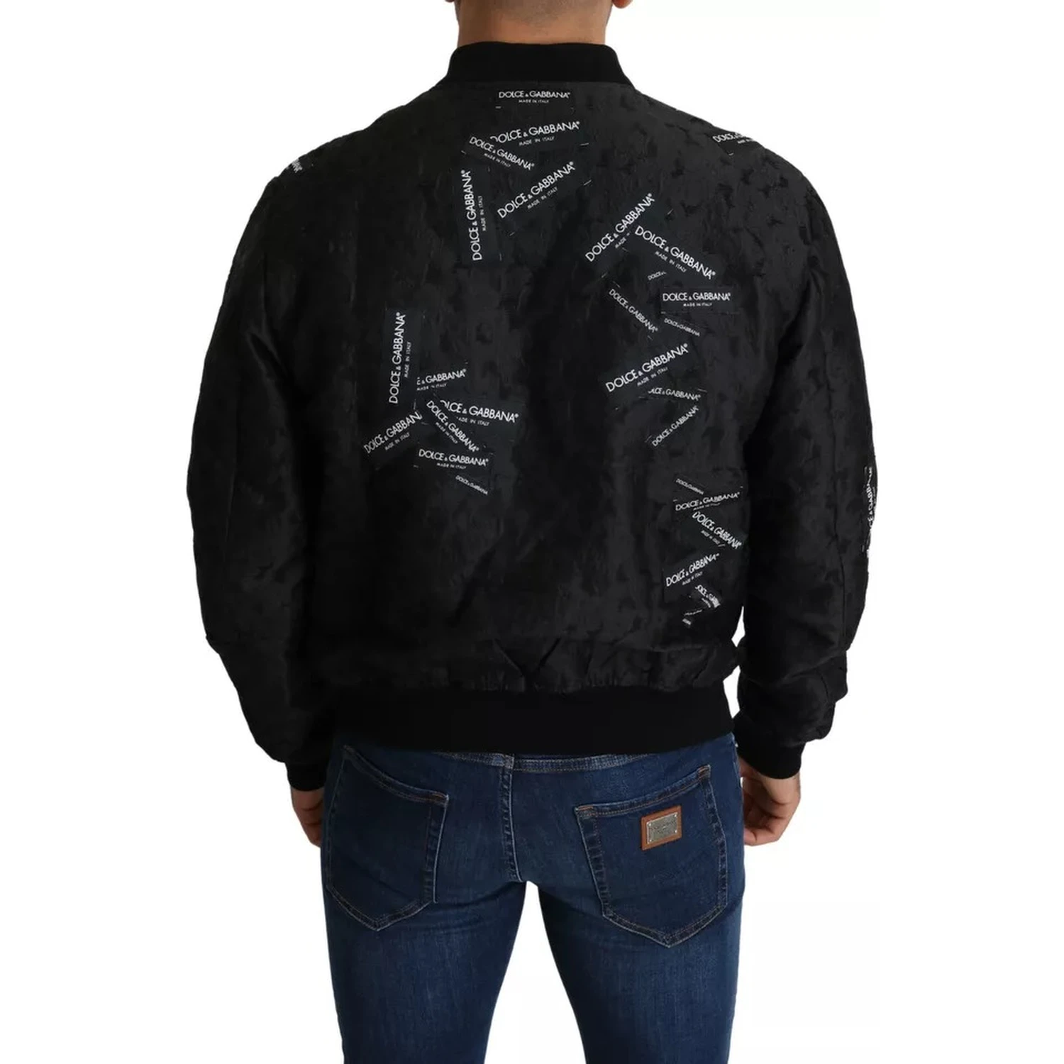Black Logo Patch Brocade Bomber Full Zip Jacket