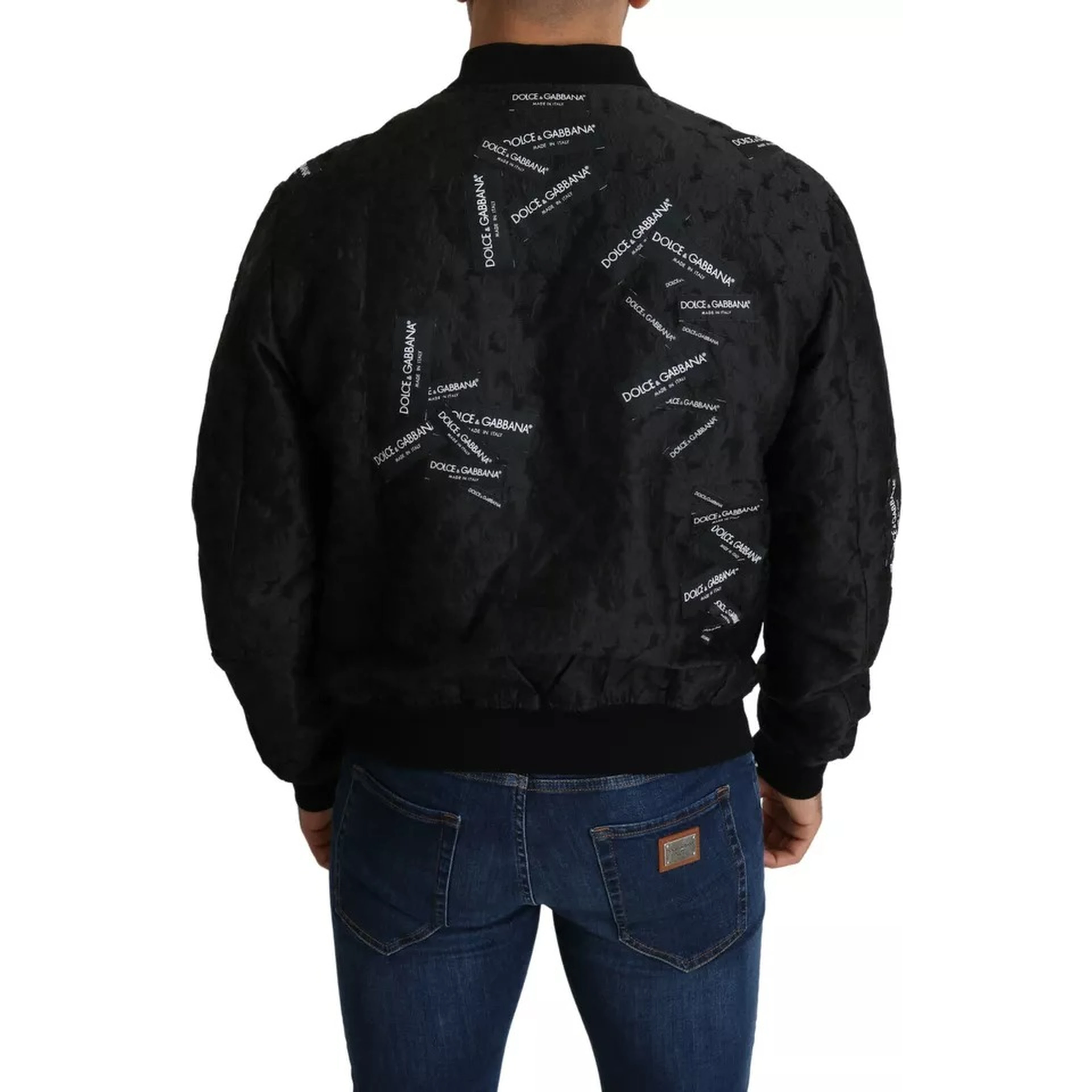 Black Logo Patch Brocade Bomber Full Zip Jacket