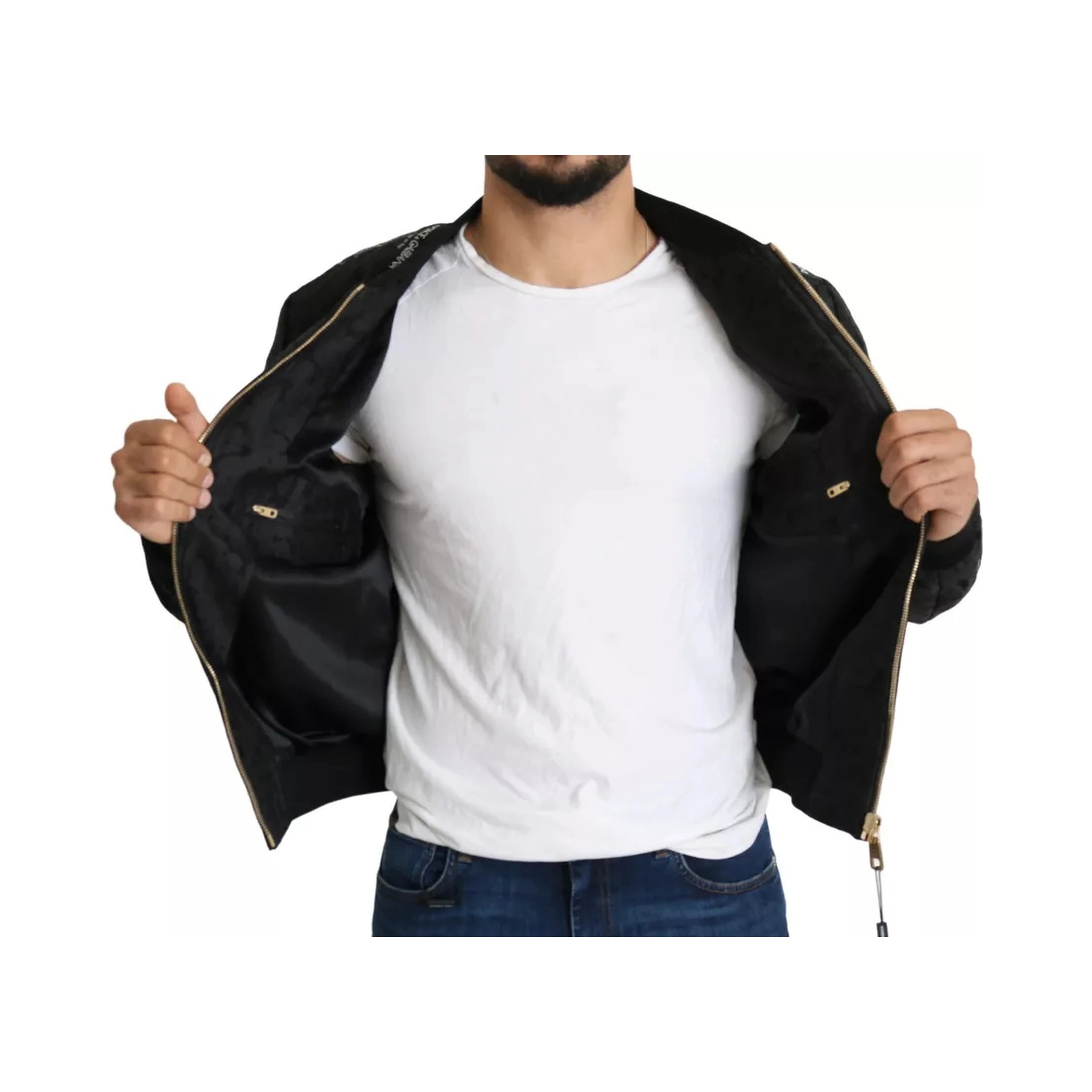 Black Logo Patch Brocade Bomber Full Zip Jacket